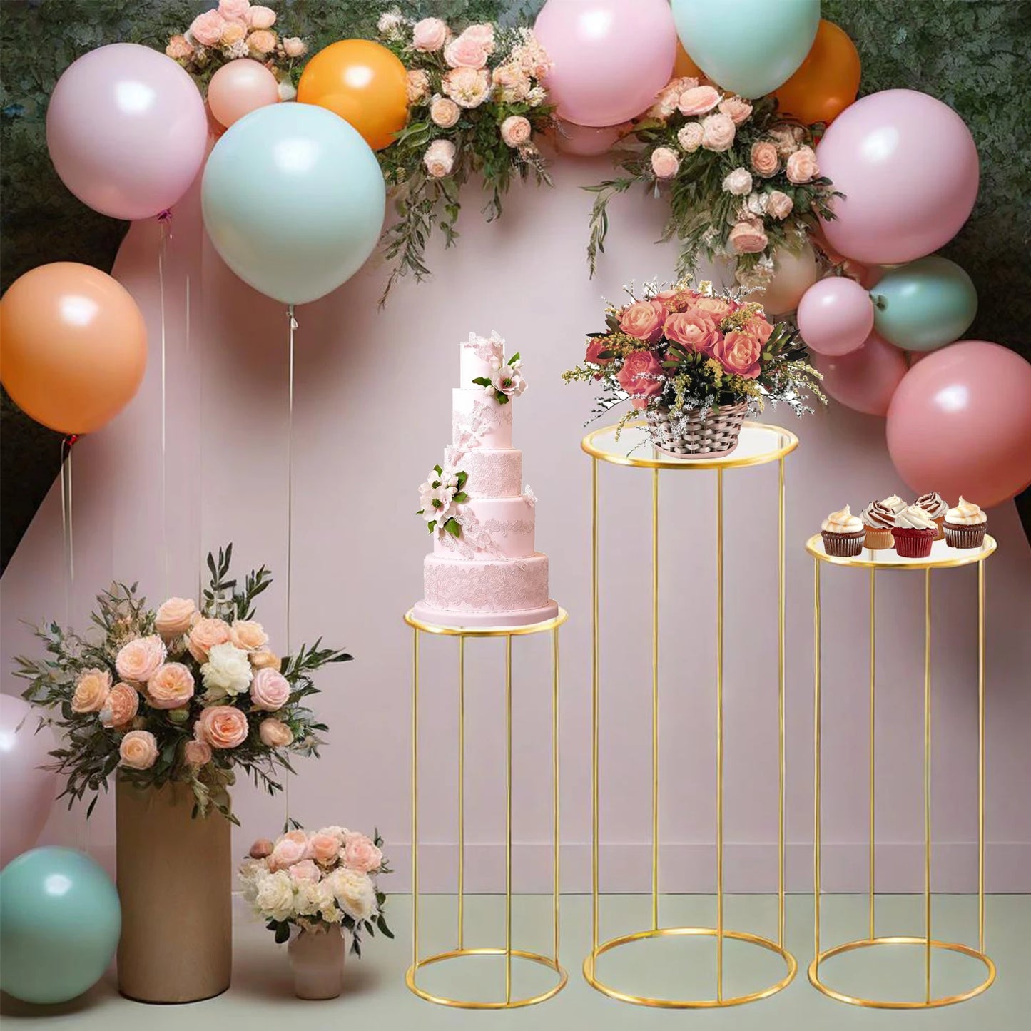 3pcs Cylinder Plant Stand Large Metal Gold Cylindrical Plant Stand Display Pillars for Party Flowers Birthday Wedding Decor Supp
