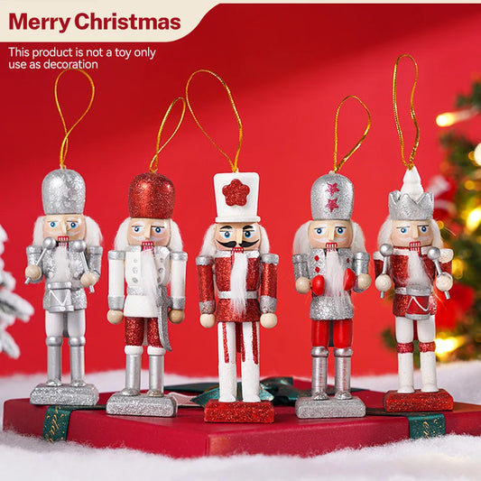 5Pcs/Set Christmas Nutcracker Soldier Puppet Wooden Handicraft Christmas Tree Pendant Desktop Ornament New Year Home Decoration