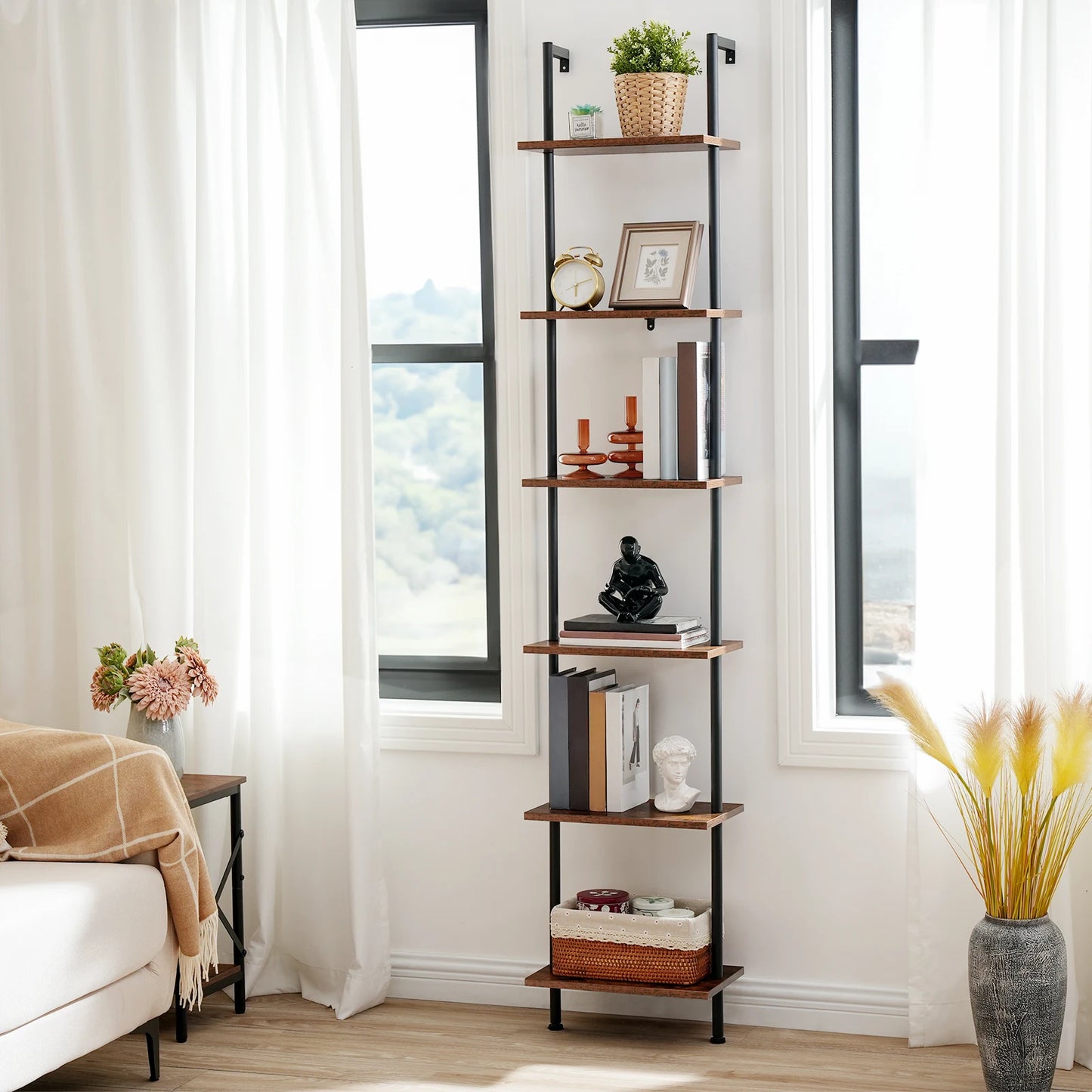 DIY Ladder Shelf 6-Tier Wooden Wall Mounted Bookshelf