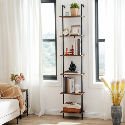 DIY Ladder Shelf 6-Tier Wooden Wall Mounted Bookshelf