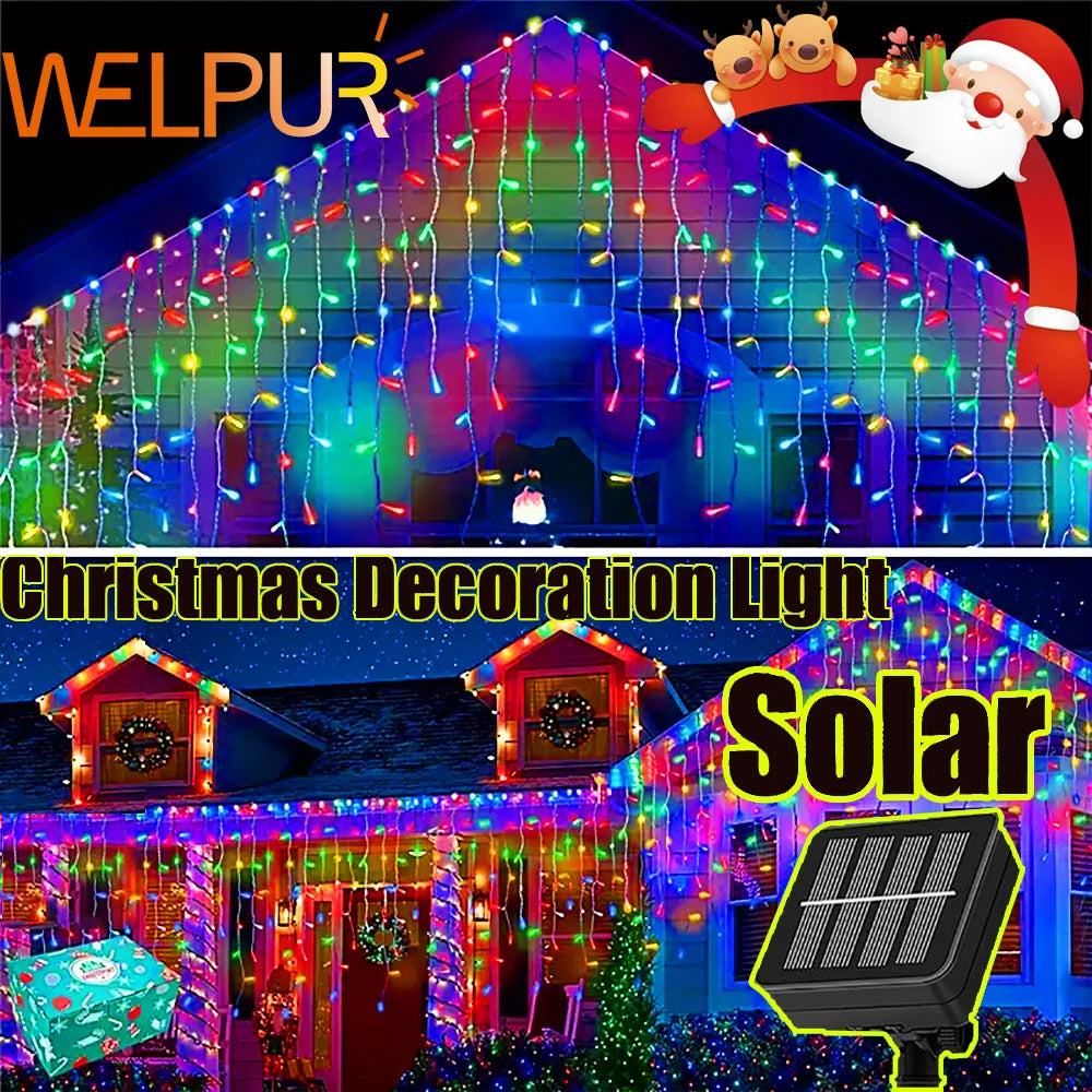 Christmas Decorations Lights Solar Icicle Curtain Lights 8 Mode