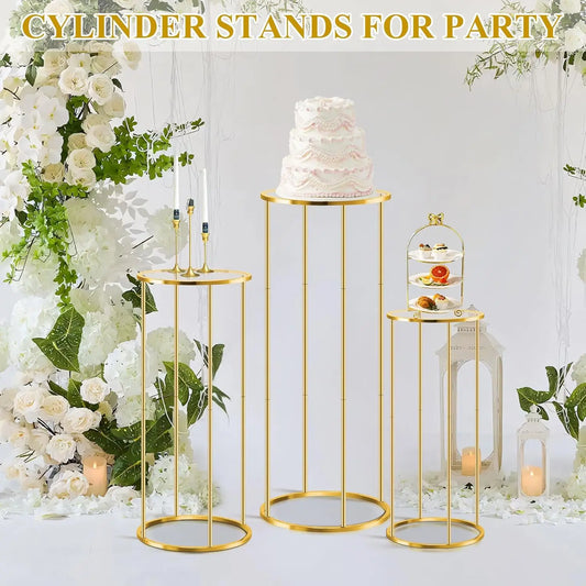 3pcs Cylinder Plant Stand Large Metal Gold Cylindrical Plant Stand Display Pillars for Party Flowers Birthday Wedding Decor Supp