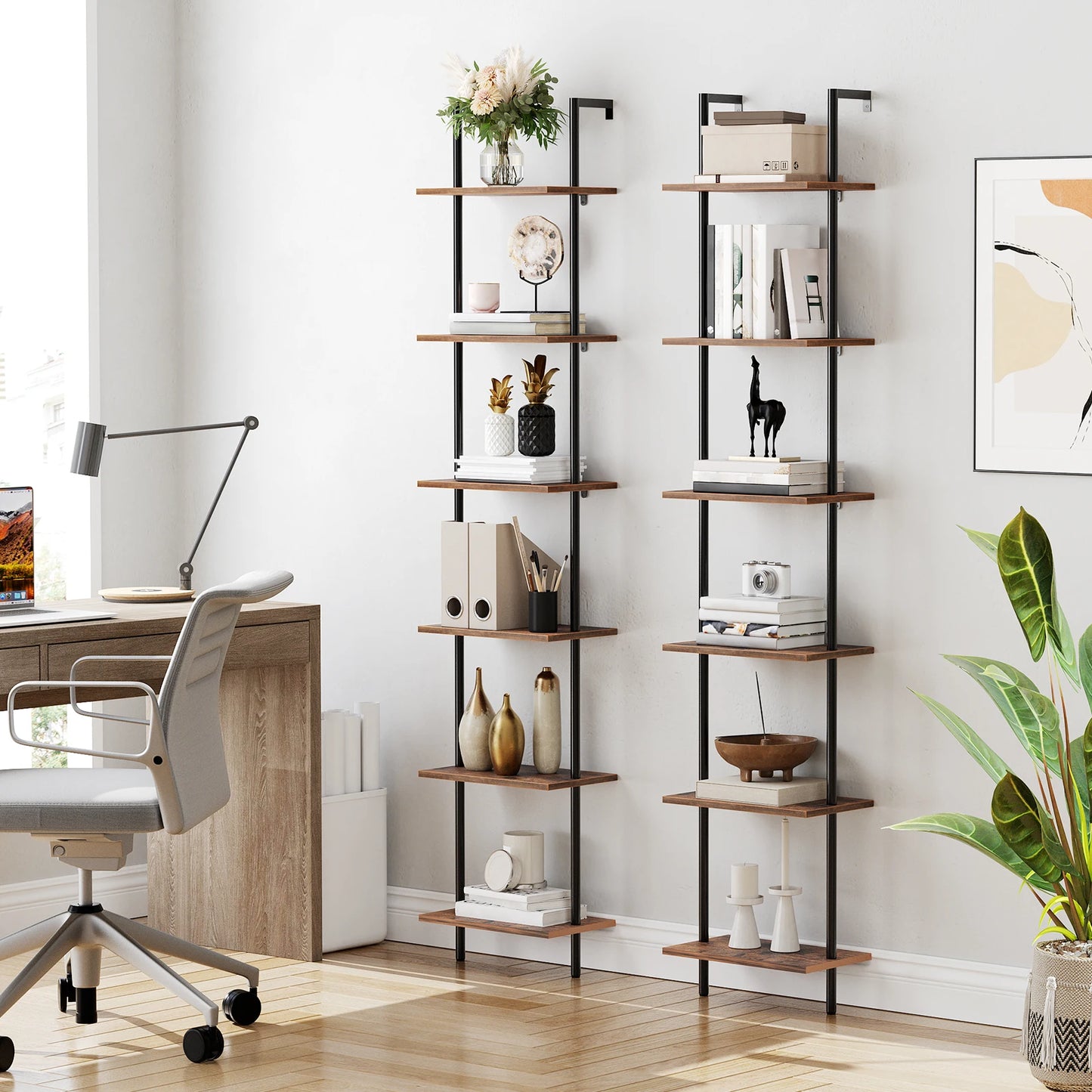 DIY Ladder Shelf 6-Tier Wooden Wall Mounted Bookshelf