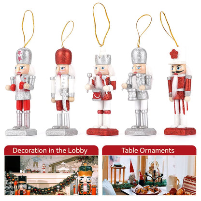 5Pcs/Set Christmas Nutcracker Soldier Puppet Wooden Handicraft Christmas Tree Pendant Desktop Ornament New Year Home Decoration
