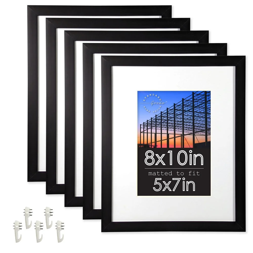 8x10 Matted to 5x7 Picture Frame 5-Pack Durable Thermoplastic Black Photo Frame Tabletop Wall Mount Display Art and Photos