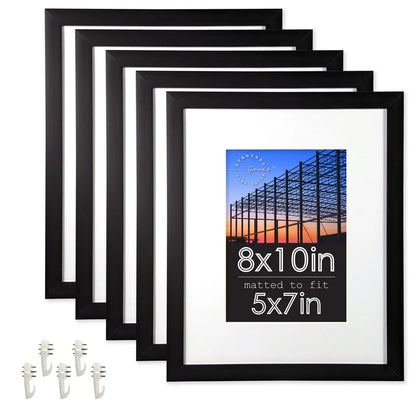 8x10 Matted to 5x7 Picture Frame 5-Pack Durable Thermoplastic Black Photo Frame Tabletop Wall Mount Display Art and Photos