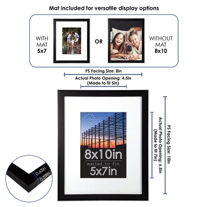 8x10 Matted to 5x7 Picture Frame 5-Pack Durable Thermoplastic Black Photo Frame Tabletop Wall Mount Display Art and Photos