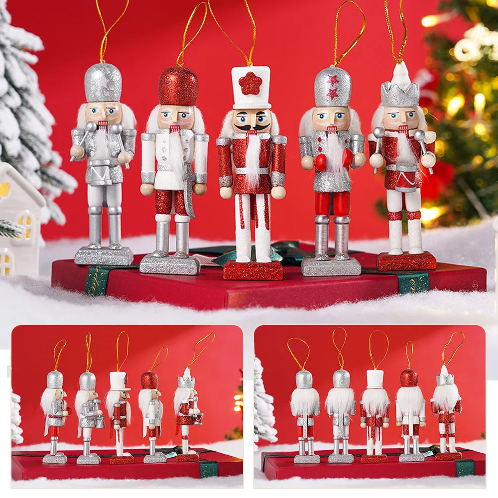 5Pcs/Set Christmas Nutcracker Soldier Puppet Wooden Handicraft Christmas Tree Pendant Desktop Ornament New Year Home Decoration